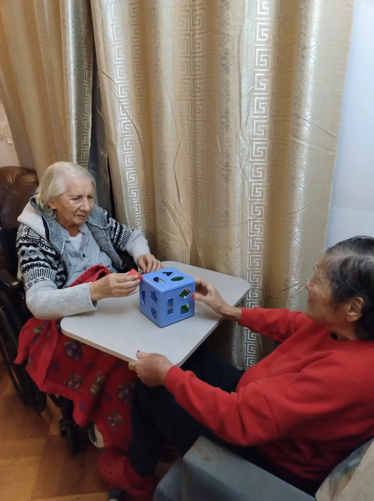 Dos residentes comparten un juego didáctico sobre la mesa del living